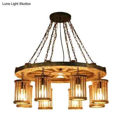 FranÃ§oise - Retro Retro Cylinder Chandelier Light Fixture 8-Bulb Wood Ceiling Pendant with Wheel for Living Room