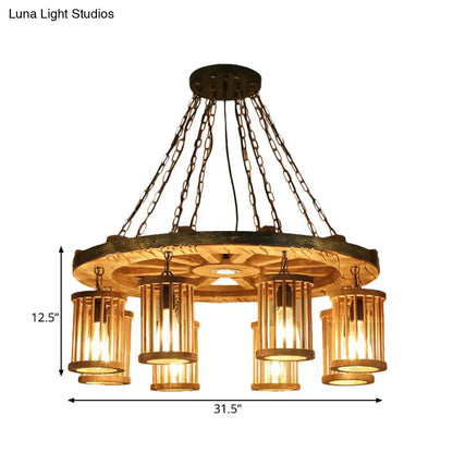 FranÃ§oise - Retro Retro Cylinder Chandelier Light Fixture 8-Bulb Wood Ceiling Pendant with Wheel for Living Room