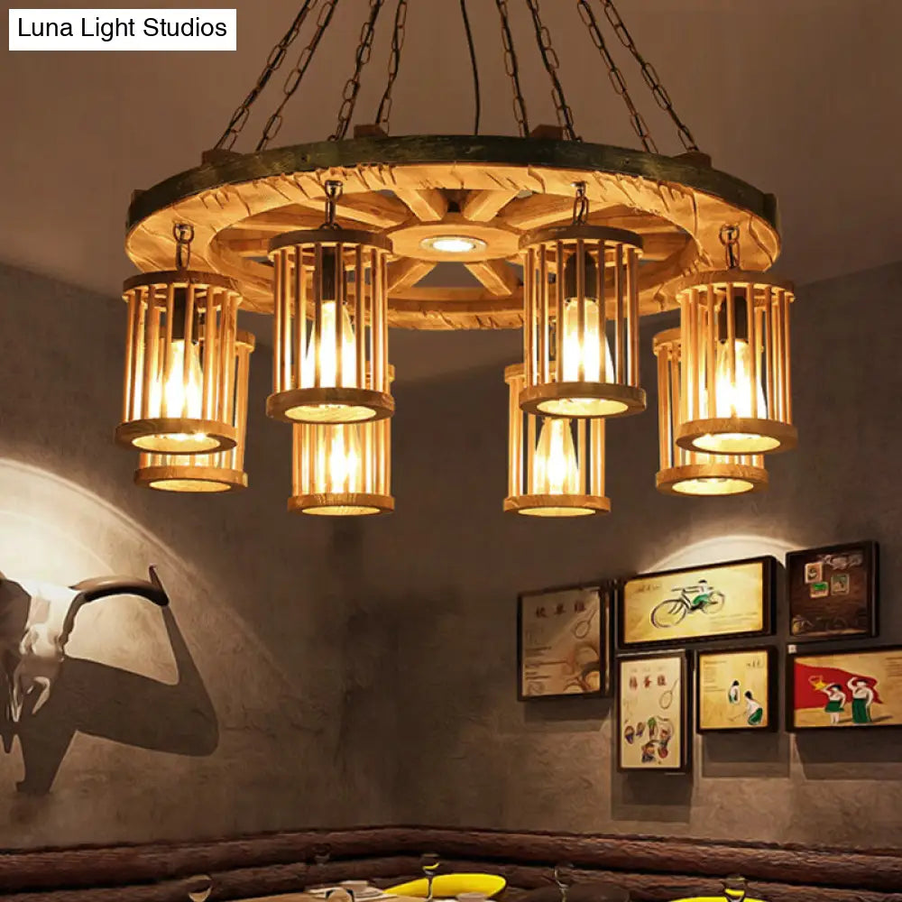 FranÃ§oise - Retro Retro Cylinder Chandelier Light Fixture 8-Bulb Wood Ceiling Pendant with Wheel for Living Room