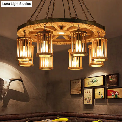 FranÃ§oise - Retro Retro Cylinder Chandelier Light Fixture 8-Bulb Wood Ceiling Pendant with Wheel for Living Room