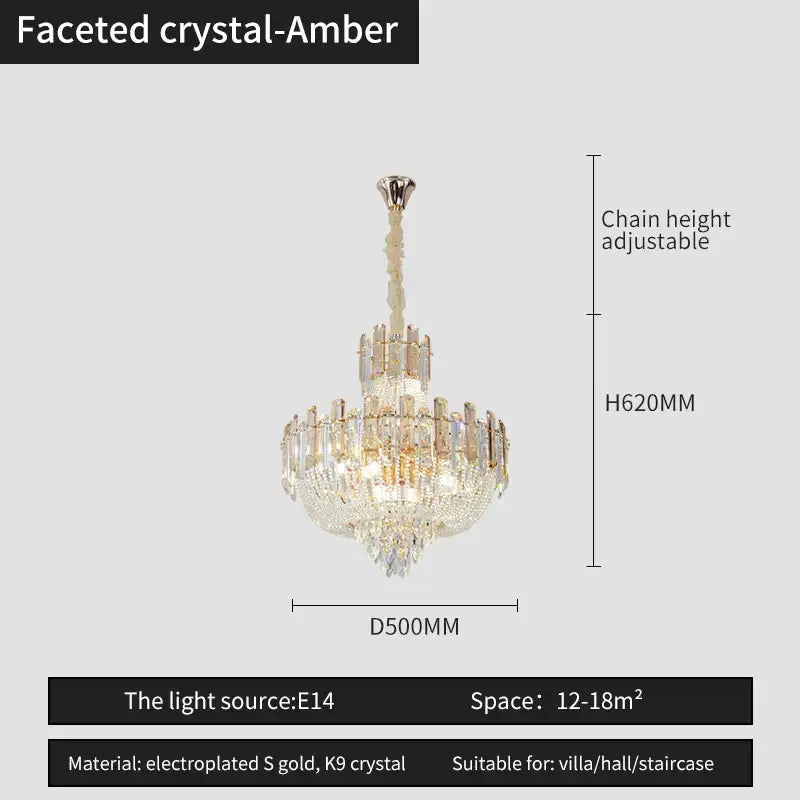 Faceted crystal-amber french bead chain crystal chandelier with electroplated gold and k9 crystal for dining room decorbites french bead
