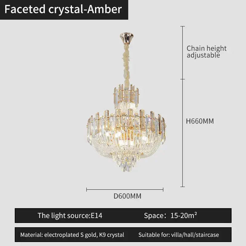 Faceted crystal-amber french bead chain chandelier with electroplated gold and k9 crystal for dining room decorbites french bead