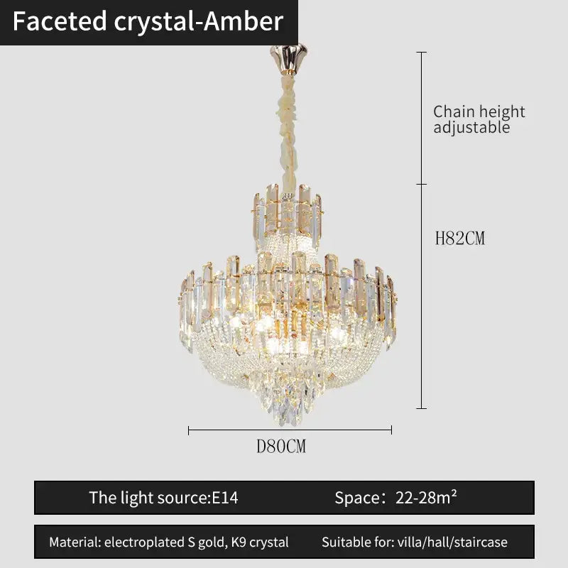Faceted crystal-amber french bead chain chandelier with electroplated gold and k9 crystal accents for dining room decorbites french bead