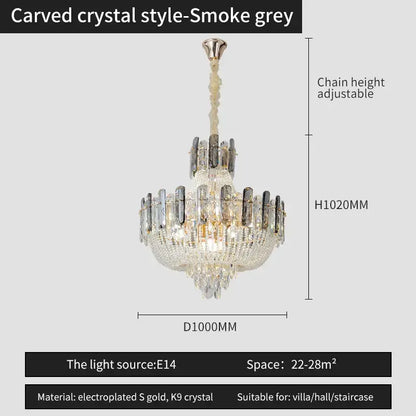 Smoke grey carved crystal chandelier with gold electroplated accents and k9 crystals for dining room decorbites french bead chain