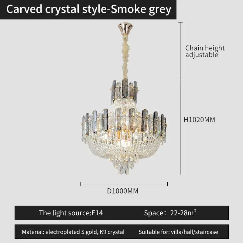 Smoke grey carved crystal chandelier with gold electroplated accents and k9 crystals for dining room decorbites french bead chain