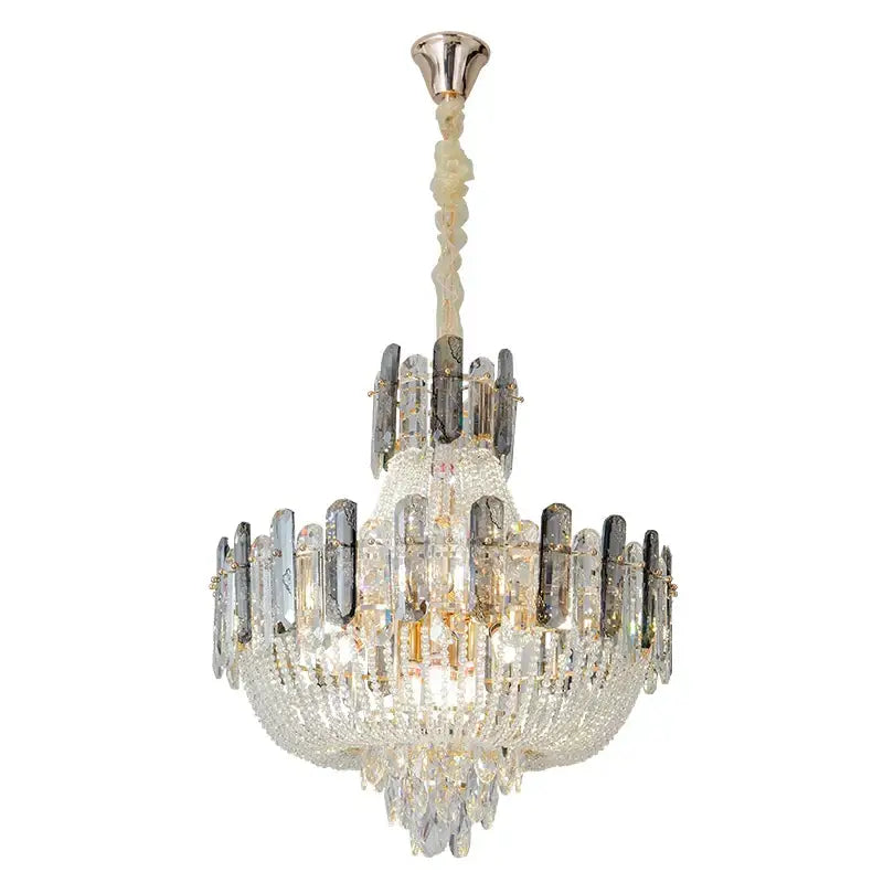 Elegant decorbites french bead chain crystal chandelier with gold and chrome fixture and cascading clear and smoky prisms