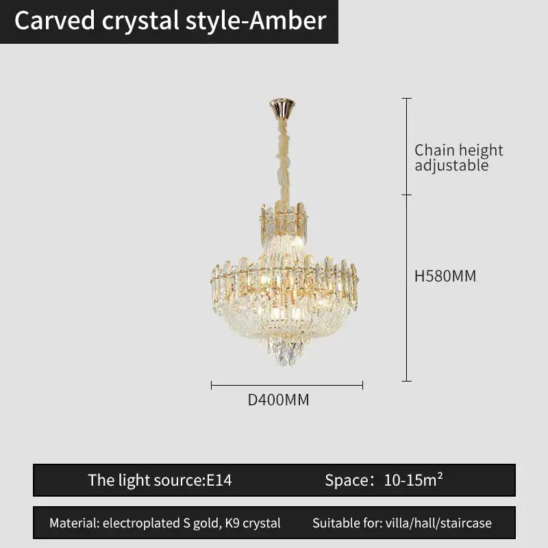 Carved crystal style amber french bead chain chandelier with electroplated gold and k9 crystal elements for dining room decorbites french bead