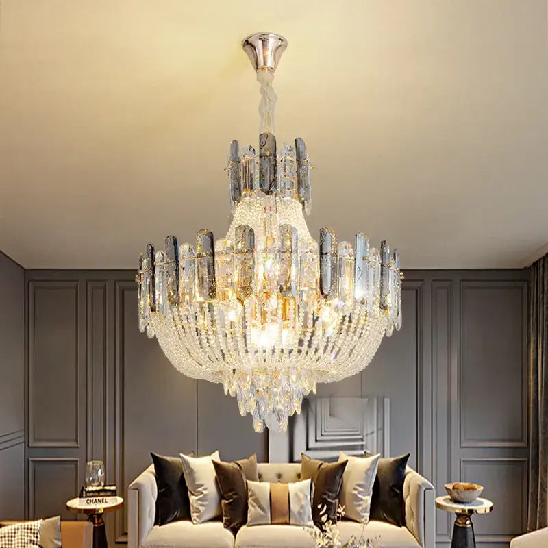 Luxurious decorbites french bead chain crystal chandelier with silver frame and cascading clear frosted prisms for dining room