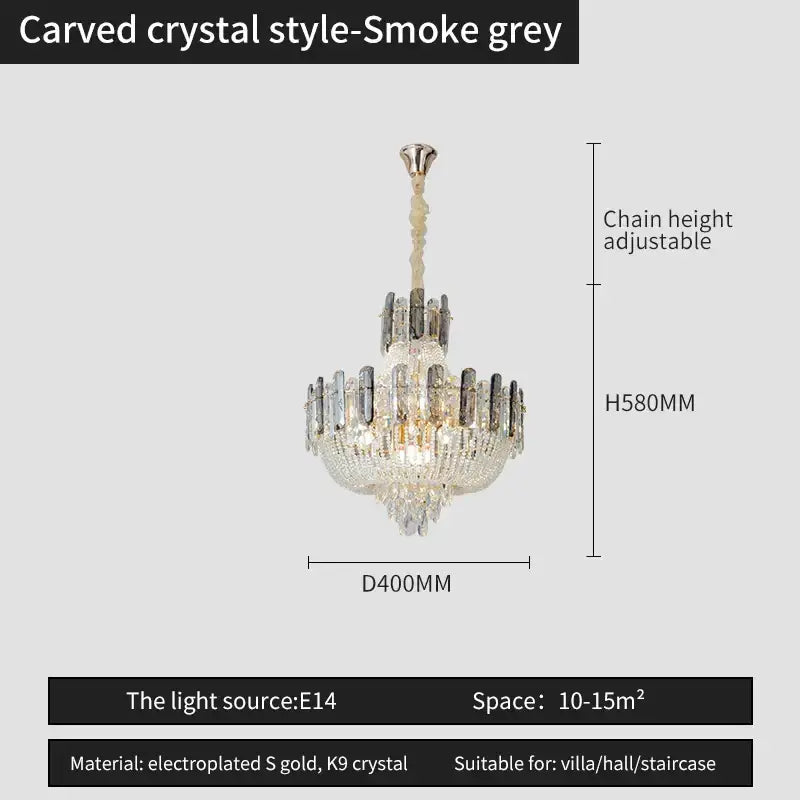 Smoke grey carved crystal chandelier with gold electroplated accents and k9 crystals for decorbites french bead chain decor