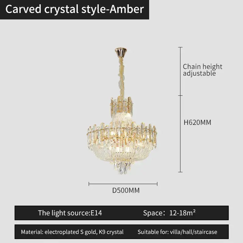 Carved crystal style amber chandelier with electroplated gold and k9 crystal for elegant french bead chain decorbites lighting