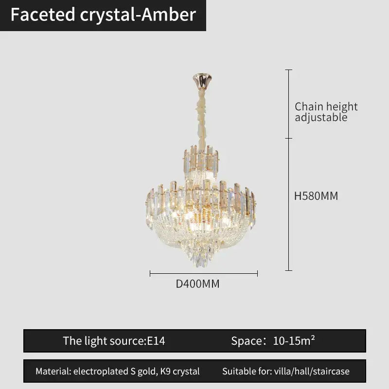 Faceted crystal-amber french bead chain chandelier with electroplated gold and k9 crystal for dining room decorbites french bead