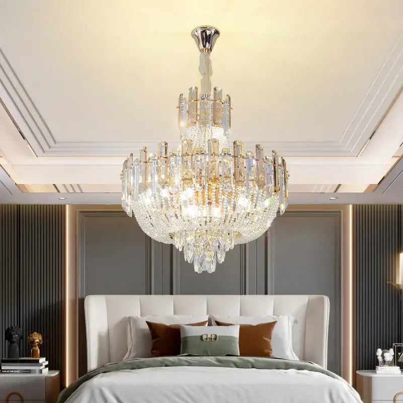 Multi-tiered french bead chain crystal chandelier with gold-toned accents and polished chrome fixture for dining room decorbites french bead