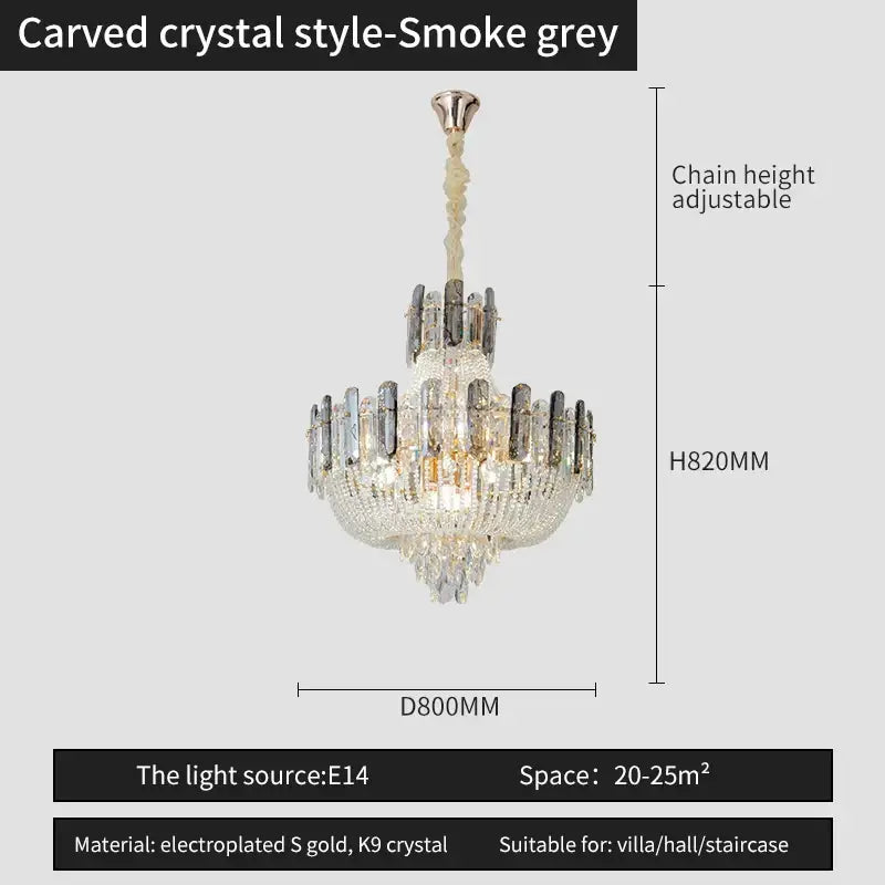Smoke grey carved crystal French bead chain chandelier with electroplated gold and k9 crystal elements for dining decorbites french bead