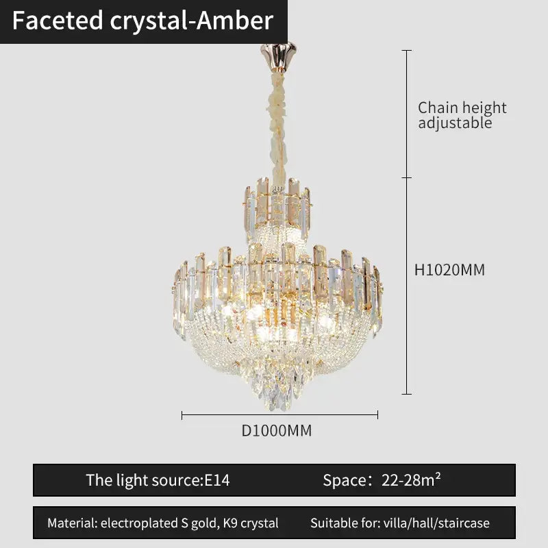 Faceted crystal-amber french bead chain chandelier with electroplated gold and k9 crystal accents for dining room decorbites french bead