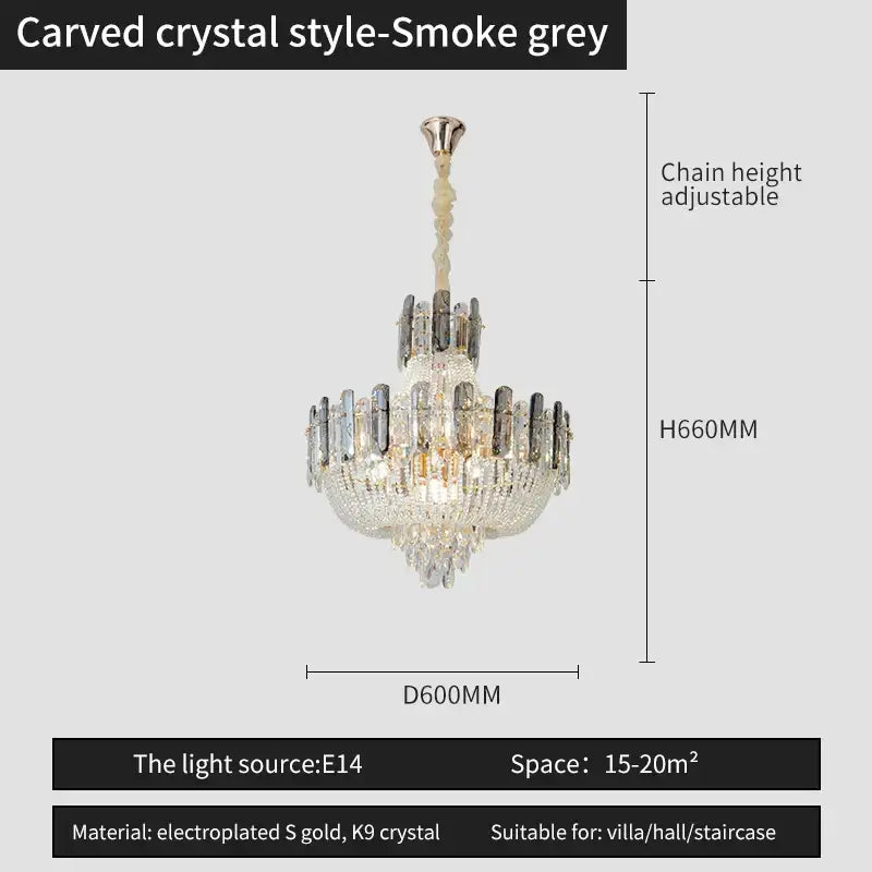 Smoke grey carved crystal chandelier with electroplated gold accents and k9 crystals for french bead chain decorbites