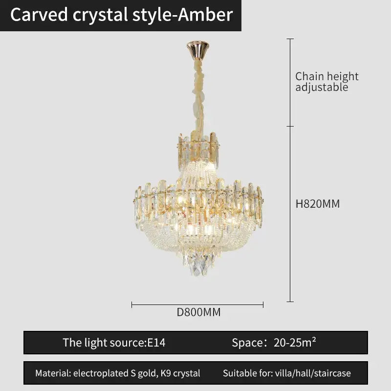 Luxury decorbites french bead chain crystal chandelier with amber k9 crystals and gold accents for elegant dining rooms