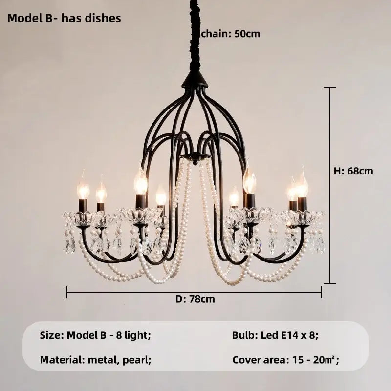 Black e14 candle chandelier with black metal frame crystal accents and pearl strands for elegant living room decorbites black e14