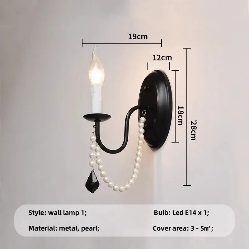 Black metal wall lamp with e14 candle chandelier featuring pearl beads and black crystal pendant for living room decorbites black e14