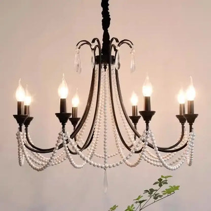 Elegant black e14 candle chandelier with wrought iron frame adorned with pearls and crystal droplets for living room decorbites black e14