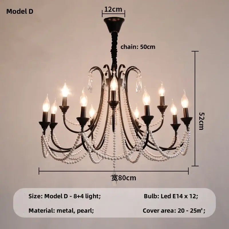 French black e14 candle chandelier with black metal frame, pearls, crystal droplets, and 8 plus 4 led lights decorbites black e14