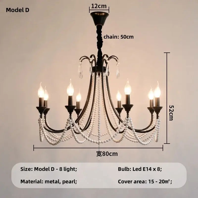 Black e14 candle chandelier with black metal frame pearl strands and crystal accents for living room decorbites black e14