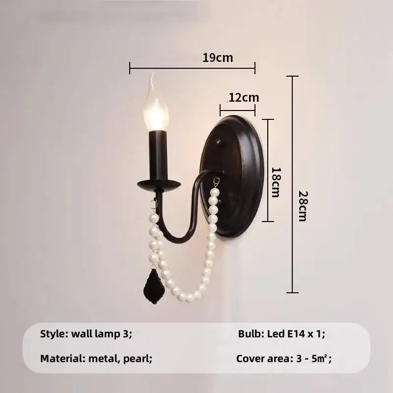 Black metal wall lamp with e14 candle chandelier and dangling white pearl beads for elegant living room decorbites black e14