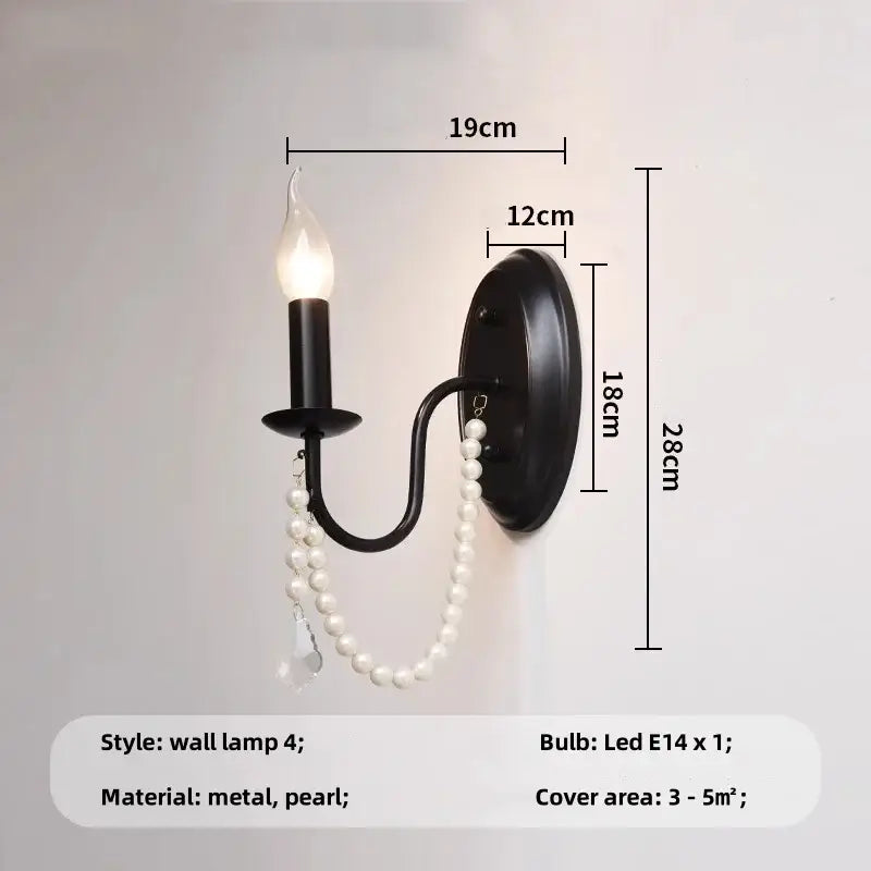 Black metal wall lamp with e14 candle chandelier bulb and white pearl beads for elegant living room decorbites black e14