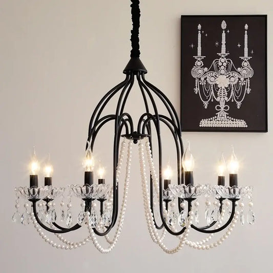 Black e14 candle chandelier with wrought iron frame crystal accents and pearl strands for living room decorbites black e14