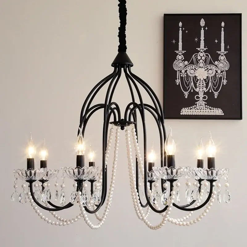 Black e14 candle chandelier with wrought iron frame crystal accents and pearl strands for living room decorbites black e14