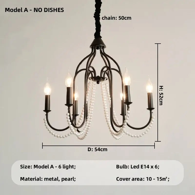 French black E14 candle chandelier with black metal frame and pearl crystal strands featuring six lit LED bulbs decorbites black E14