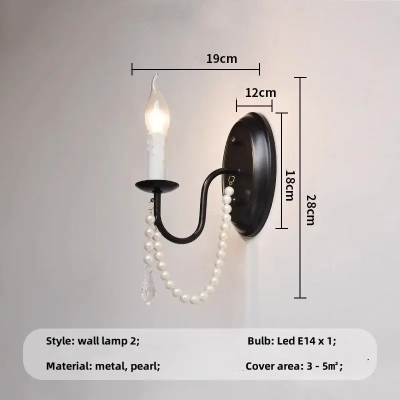 Black e14 candle chandelier with a single candle-style led bulb, adorned with white pearls and a crystal pendant for living room decorbites black e14