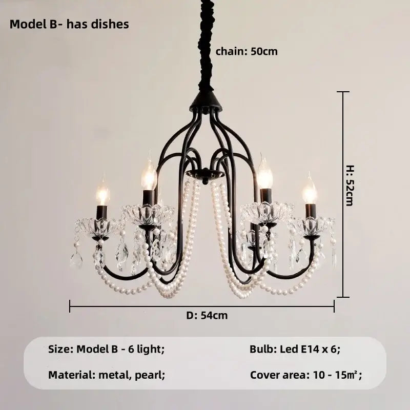 Black e14 candle chandelier with crystal accents and pearl strands for living room decorbites black e14 light