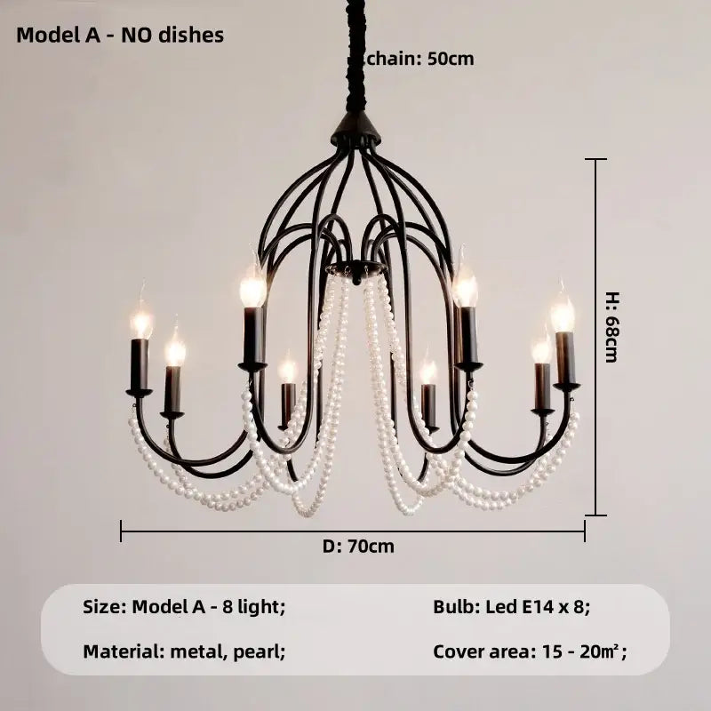 Black e14 candle chandelier with eight led lights and white pearl crystal strands for living room decorbites black e14