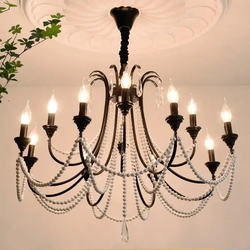 Antique bronze french black e14 candle chandelier with pearl strands and crystal droplets for living room decorbites black e14