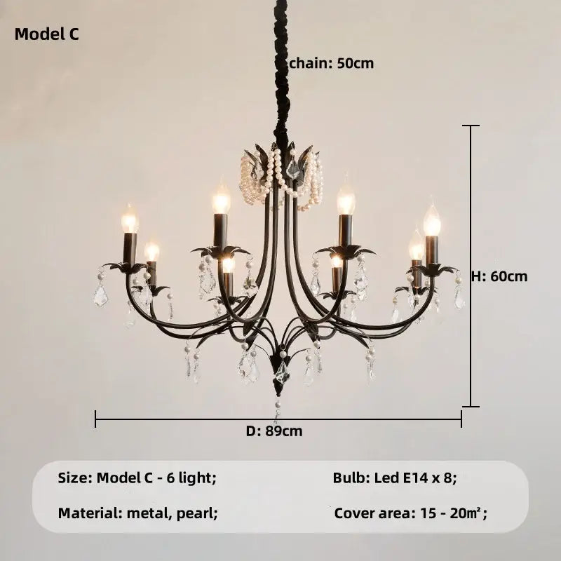French black e14 candle chandelier with black metal frame pearl crystal droplets and six led lights for living room decorbites black e14