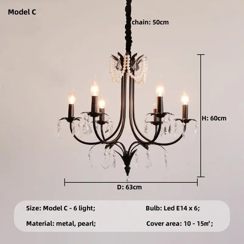 French black e14 candle chandelier with crystal droplets and pearl accents for elegant living room decorbites black e14 light