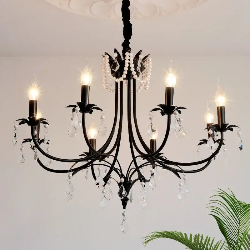 Black wrought iron french black e14 candle chandelier with crystal droplets and pearl accents for living room decorbites