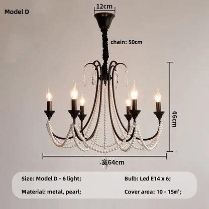 Black e14 candle chandelier in black metal with six candle style led bulbs and white pearl crystal strands for living room decorbites black e14