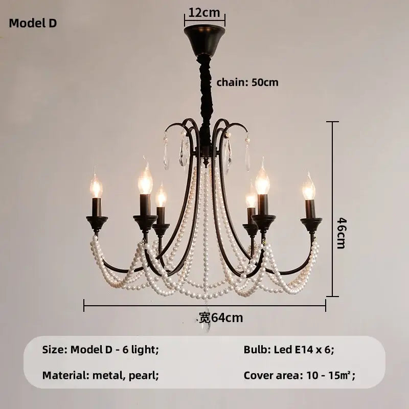 Black e14 candle chandelier in black metal with six candle style led bulbs and white pearl crystal strands for living room decorbites black e14