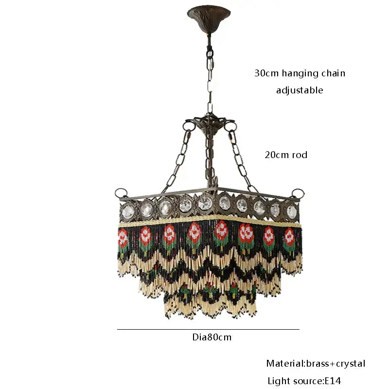 Antique-style decorbites french brass crystal floral chandelier with black cream and red beaded fringe for dining room decor