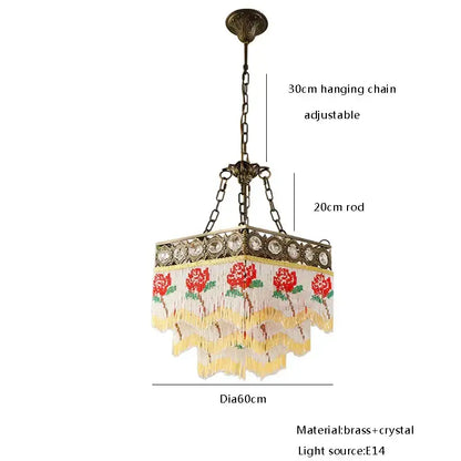Antique french brass crystal floral chandelier with red embroidery and beaded fringe shade for dining room decorbites french brass