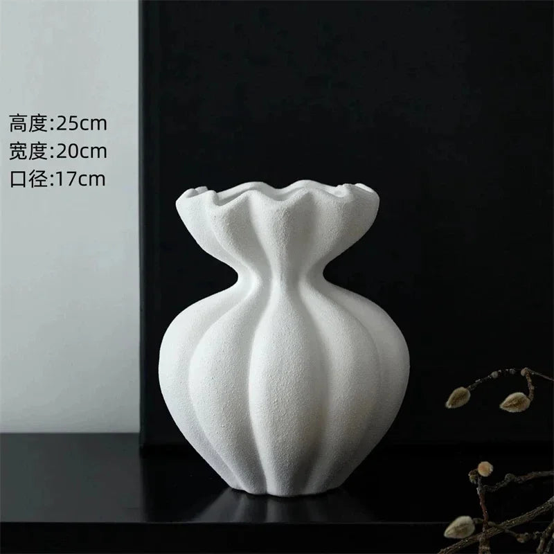 White textured ceramic vase with fluted ruffled rim and segmented body for minimalist floral home decor gift
