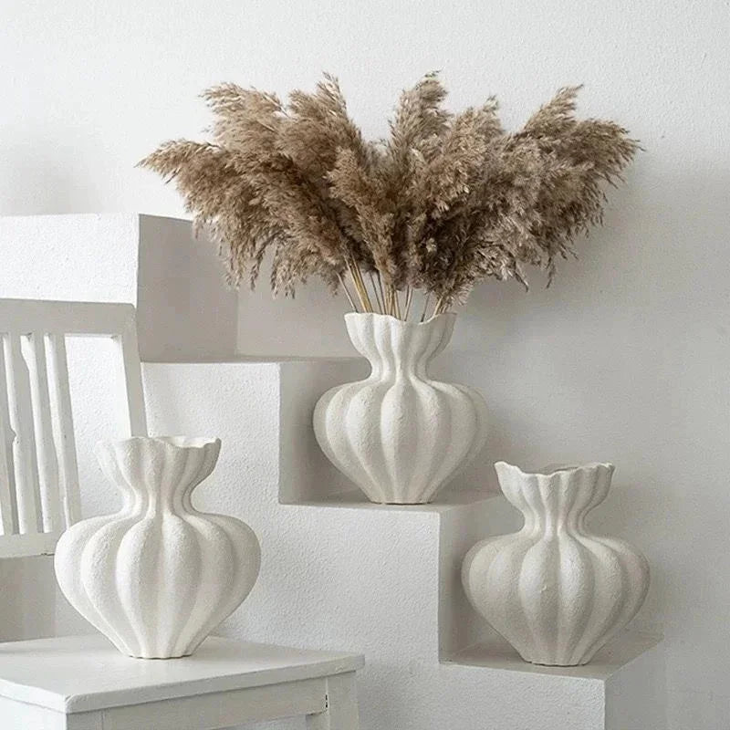 White ceramic vases with ribbed fluted designs and scalloped rims minimalist floral vessels for home decor gift