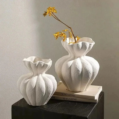 White ceramic vase with ruffled ribbed texture and soft matte finish minimalist floral vessel for home decor gift
