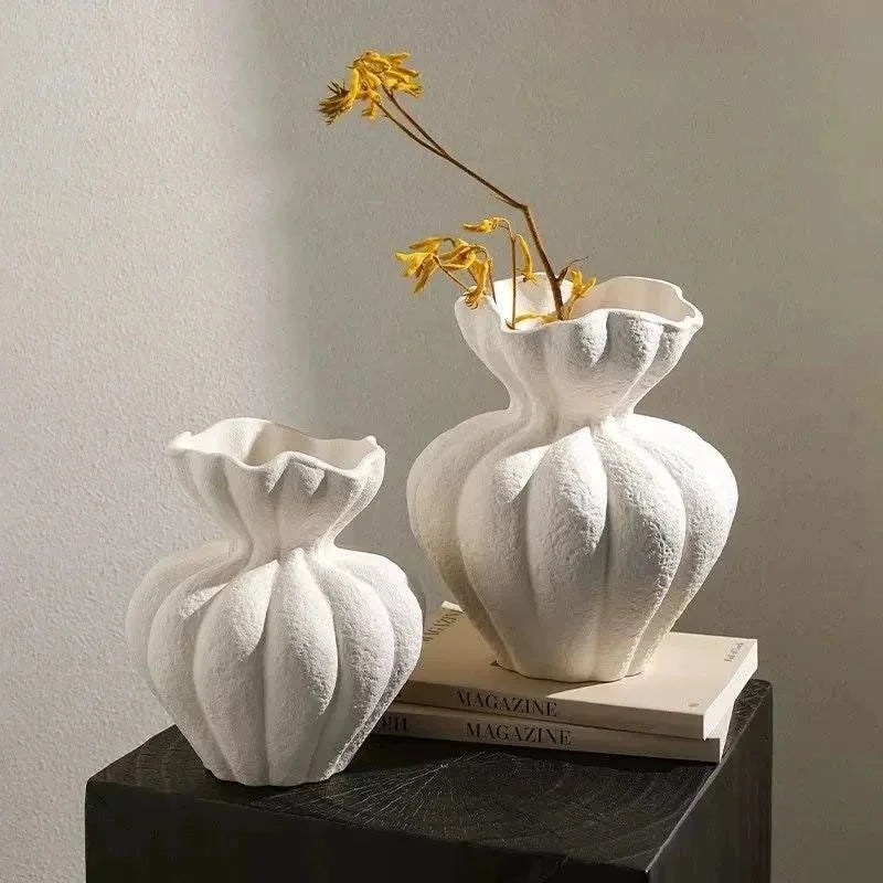 White ceramic vase with ruffled ribbed texture and soft matte finish minimalist floral vessel for home decor gift