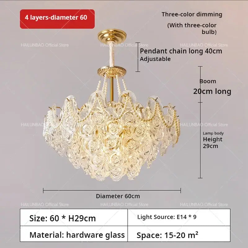 Luxurious gold-toned decorbites french chandelier pearl rose pendant light with layered glass petals and dimmable lighting