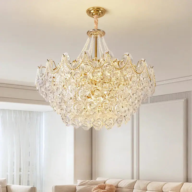 A gold-toned decorbites french chandelier pendant light with rose-shaped crystals for bedroom decorbites french chandelier pearl