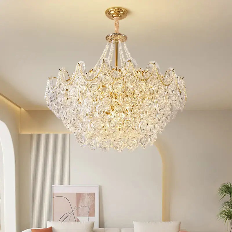 Luxurious gold-toned decorbites french chandelier pendant light with cascading clear crystal roses for bedroom decor