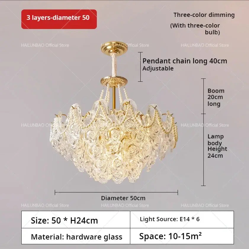 Gold-toned french chandelier pearl pendant light with layered glass petals and three-color dimming bulb for bedroom decor
