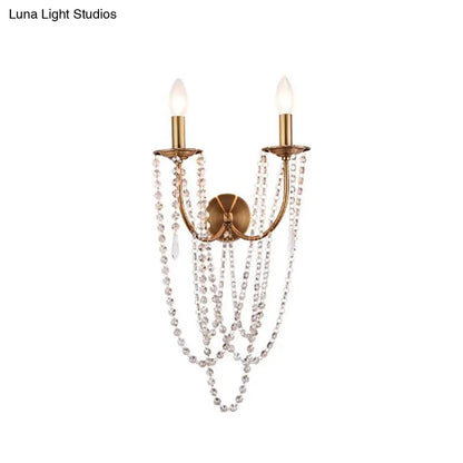 DecorBites™ French Country 2-Head Metallic Open Bulb Wall Mount Lamp with Clear Crystal Bead - Brushed Brass